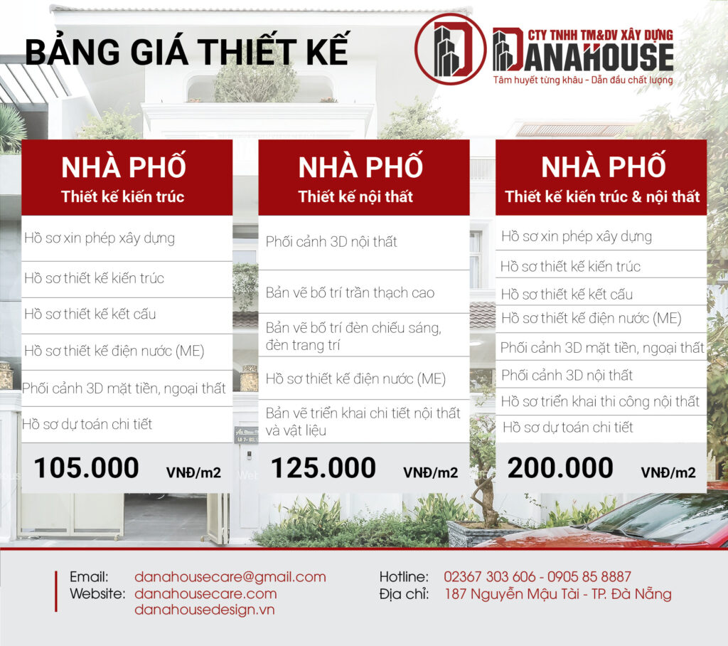 Bảng giá thiết kế nhà của Danahouse