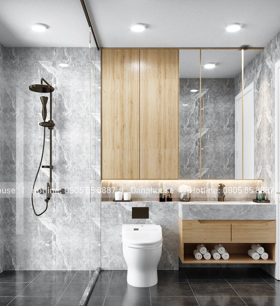 Thiết kế phòng tắm với hệ thống chiếu sáng thông minh, đầy đủ các tiện ích 